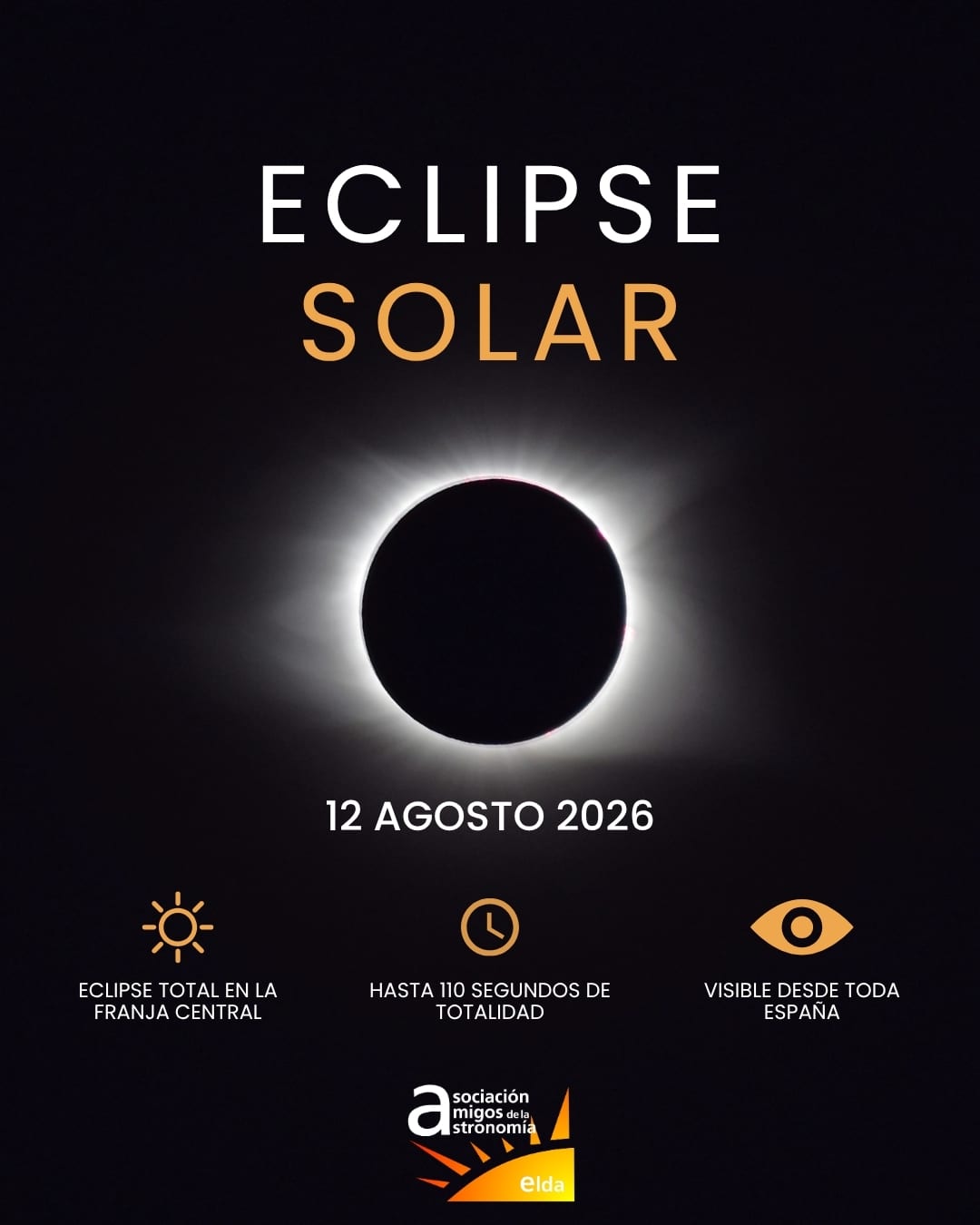 Infografía del eclipse, lámina 1 de 8: portada — «Eclipse solar, 12 de agosto de 2026»: total en la franja central, hasta 110 segundos de totalidad, visible desde toda España.