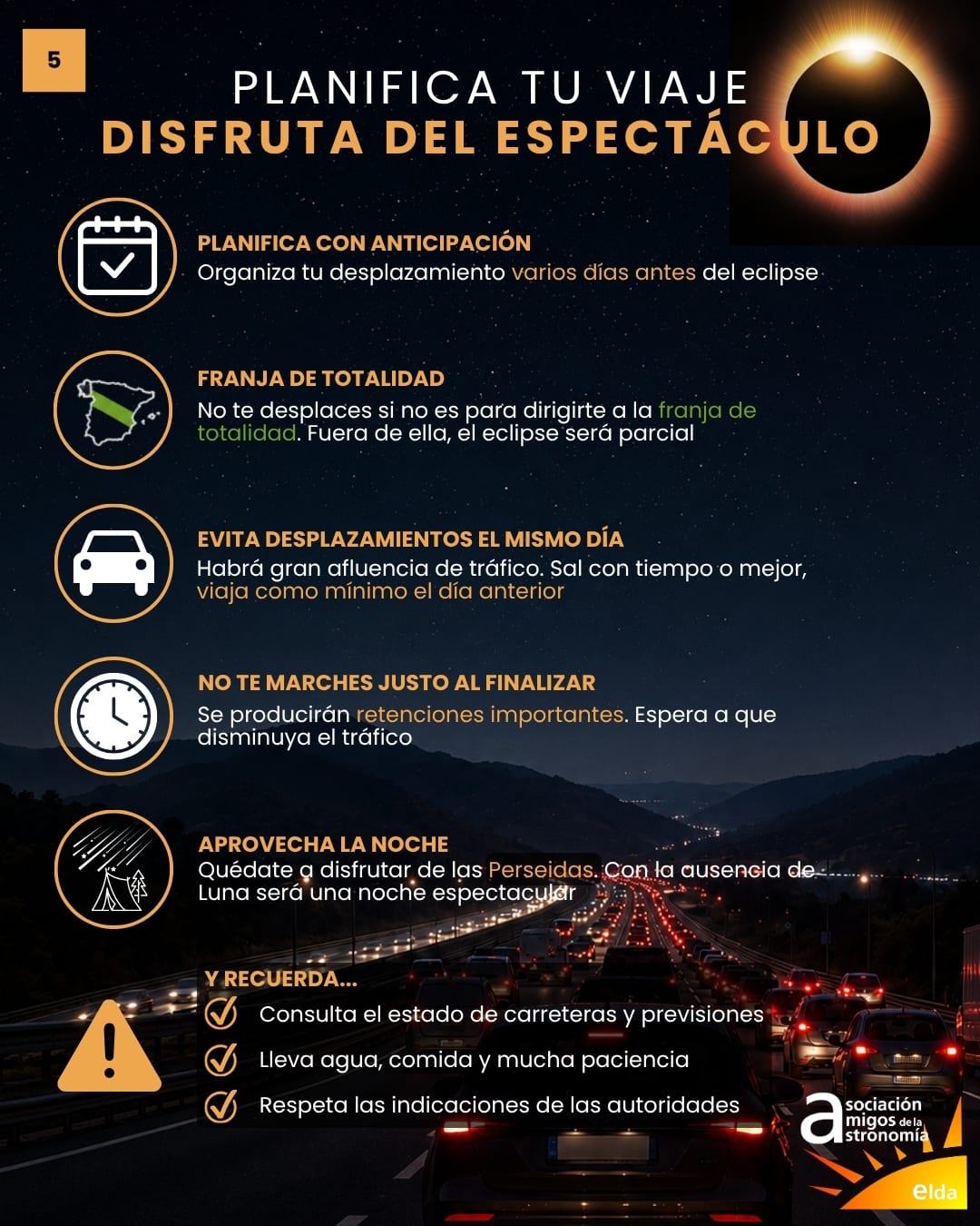 Infografía del eclipse, lámina 6 de 8: planifica tu viaje — recomendaciones para desplazarte a la franja de totalidad: anticipación, evitar el tráfico del mismo día, no marcharse justo al terminar y aprovechar la noche para ver las Perseidas.