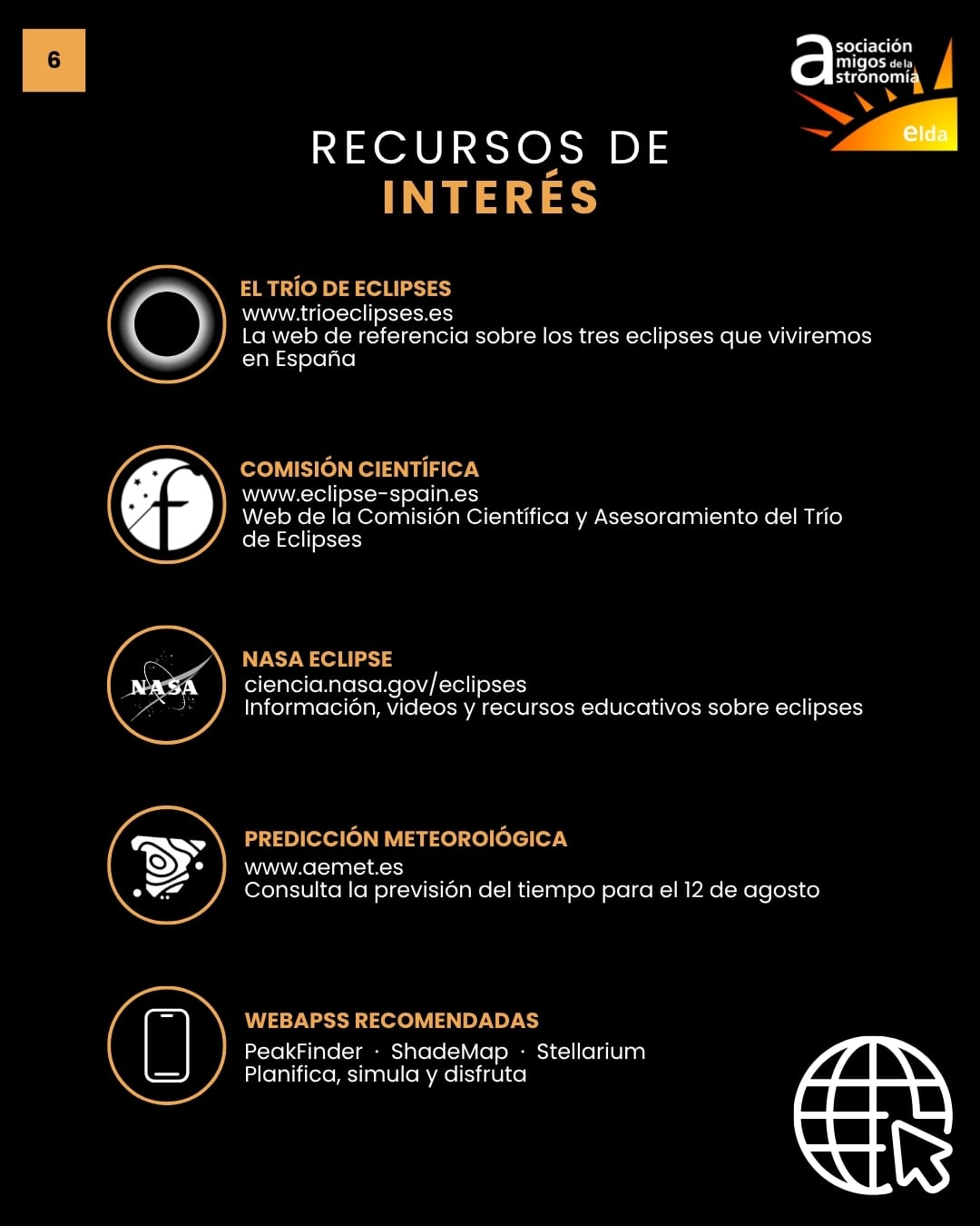 Infografía del eclipse, lámina 7 de 8: recursos de interés — enlaces a trioeclipses.es, la Comisión Científica del Trío de Eclipses, NASA Eclipse, la predicción meteorológica de AEMET y las apps PeakFinder, ShadeMap y Stellarium.