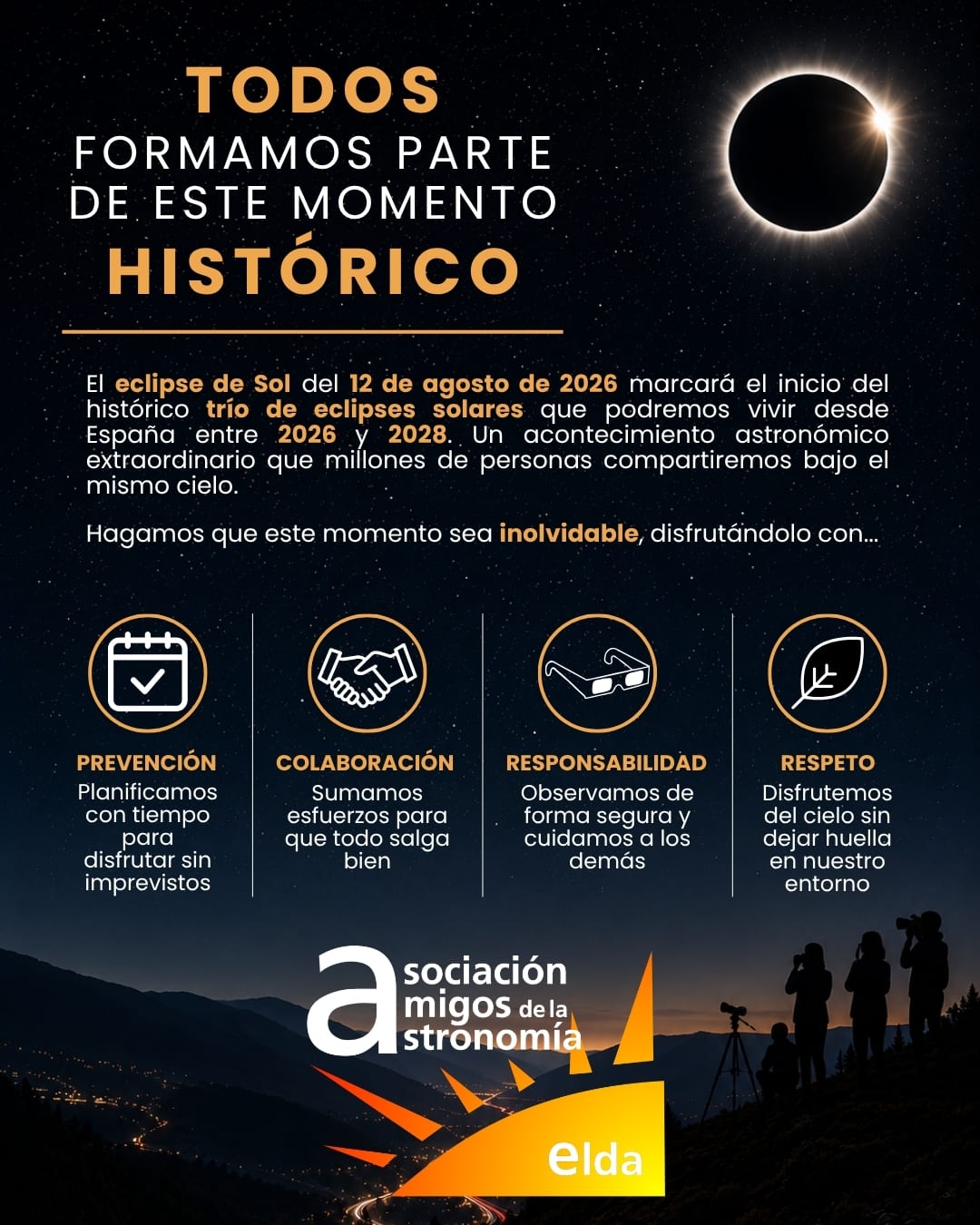 Infografía del eclipse, lámina 8 de 8: despedida — «Todos formamos parte de este momento histórico», con los valores de prevención, colaboración, responsabilidad y respeto para disfrutar del eclipse del 12 de agosto de 2026.